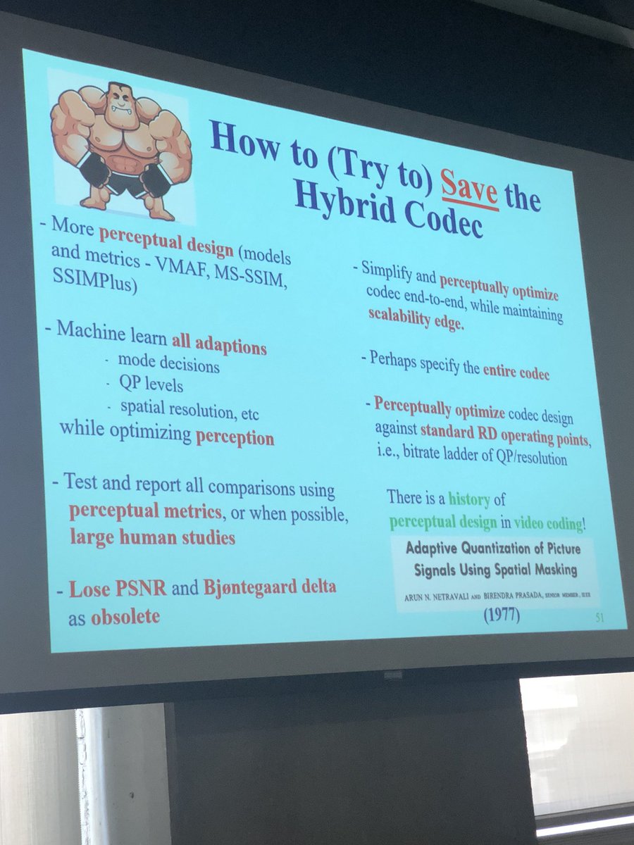 AnneMargotAaron's tweet image. Prof. Al Bovik’s educational and provocative keynote @PCS2018_SanFran. Perception is everything. Who’s gonna win?Reigning Champ MPEG Hybrid or Deep Learning Upstart? And how (to try) to save the hybrid codec. #VideoCoding #Perception