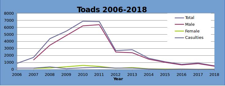 Thanks to all our toad patrollers this year. 
We moved 512 toads this year - less than last- see graph from Leila
See you next Spring?