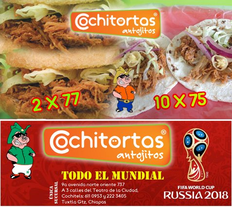cochitortas's tweet photo. Martes 26 • 2 X 77 o 10 X 75
2 cochitortas sencillas por $ 77.00 o 
10 cochitacos/chicharrón prensado por $ 75.00
No aplica en pollo ni bistec, cochitortas sin queso ni aguacate.
Aplica en pedido, para llevar y en comedor.
ACEPTAMOS TARJETA 
https://t.co/YLWboKBiqy https://t.co/sDssy5Gd2A