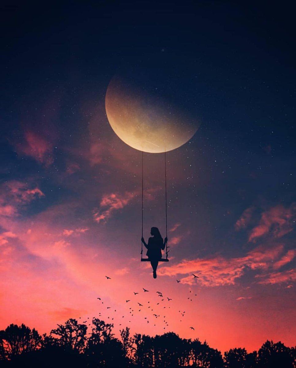 IveFreya's tweet photo. Ella juega en el paisaje 
Se se columpia de la Luna en un cielo de colores
Su pelo lo peinan el púrpura y el rosa
Y las aves la besan. https://t.co/ffsjGERWqv