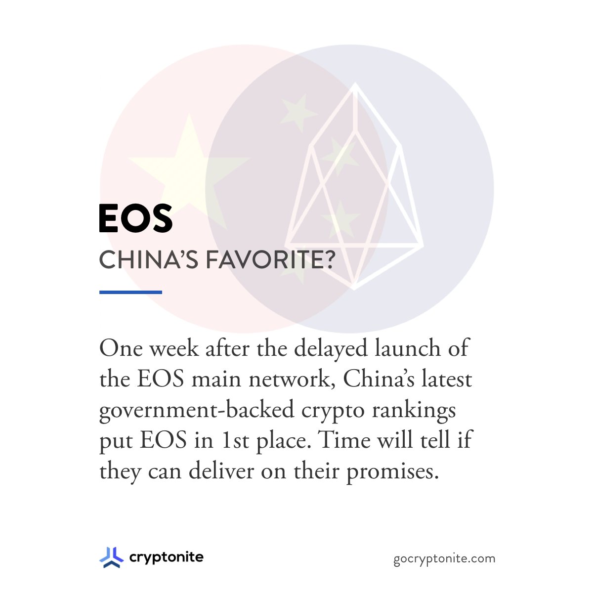 EOS - Chinas favorite? What's your take on EOS? More information, portfolio management &amp; crypto investing on gocryptonite.com #cryptocurrency #investing #eos #bitcoin #fintech #crypto #blockchain #cryptonite
