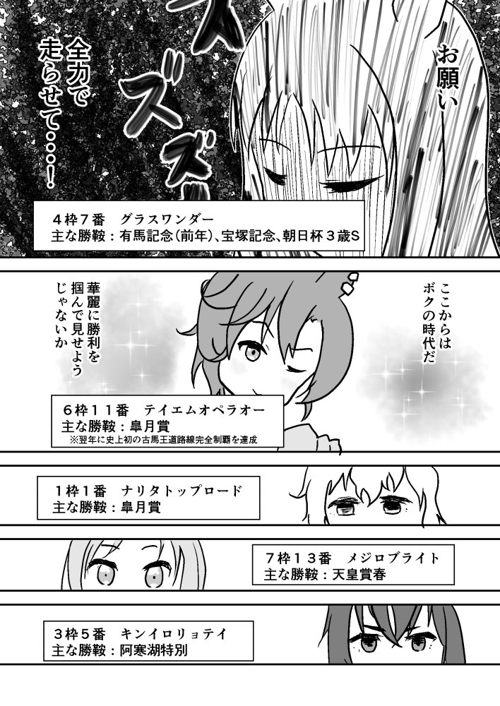 ウマ娘12.5話

拙い漫画ですが、伝説の第44回有馬記念をウマ娘で再現しました
原作ではこのレースがスペシャルウィーク世代の最終決戦で頂上決戦なので、多くのファンに知ってほしい。19Pあるけど
1/5 