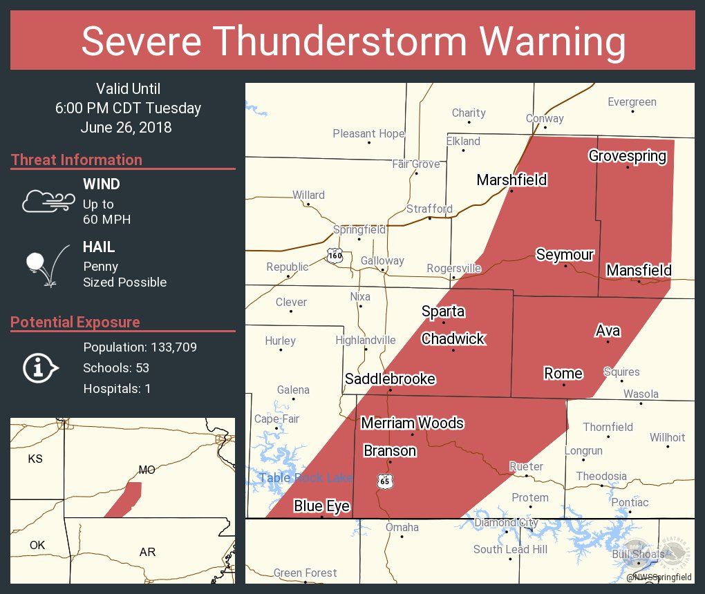 Severe Thunderstorm Warning continues for Branson MO, Marshfield MO, Hollister MO until 6:00 PM CDT