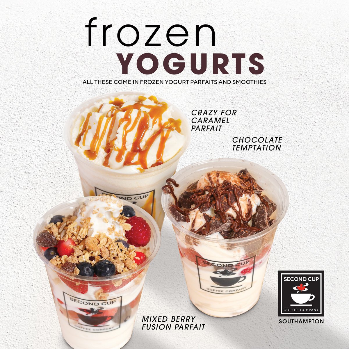 SecondCupSoton's tweet photo. 🤩 Loving our Frozen Yogurt, come and find your flavour @secondcupsouthampton. #frozenyogurt #flavours #cookiesandcream #caramel #chocolate #mixedberries #coconut #parfait #smoothie #summer 🇨🇦 https://t.co/pV51jZJLeI