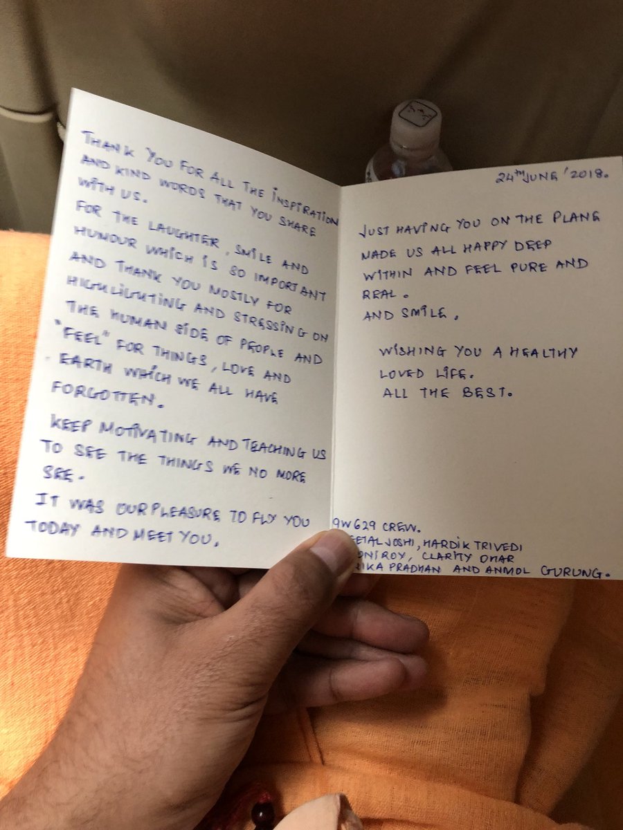 “False flattery can make us proud but genuine appreciation humbles us.” On Jetairways flight 629 to Kolkata, members of the crew offering a token of their love and appreciation for our inspirational videos. Thankyou. #appreciation #kindness #love