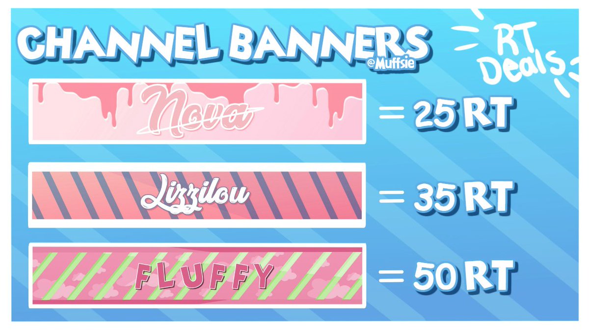 Muffsie's tweet image. ❕Channel Banner Commissions Open ❕
DM me (@Muffsie) for the retweet deal! 💖 Once you've gotten the required amount of retweets, I'll begin making your banner.
(Prices may rise if you want a more complex banner.)
PLEASE RETWEET THIS TO SPREAD MY WORK! 🌸