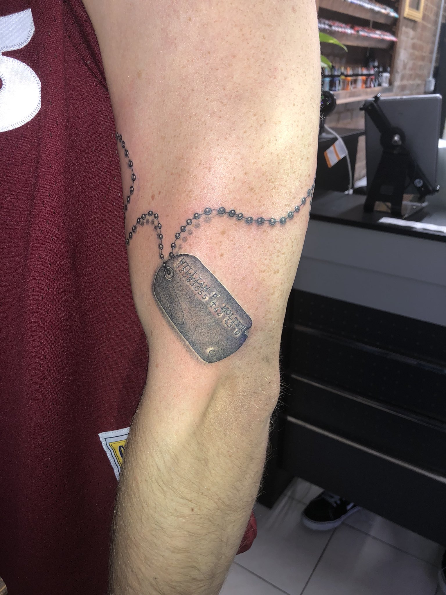 RyansAverageLife on Twitter: ryansaveragelife-on-twitter-happy-birthday-to-me-mikhail-at-first-class-tattoos-did-it-again-this-tattoo-is-a-replica-of-my-grandpops-dog-tags-from-ww2-it-wraps-around-my-entire