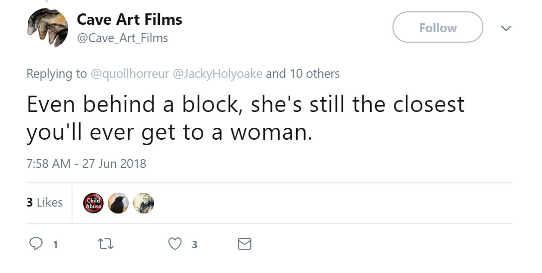 So  @Cave_Art_Films is a goldmine of "can't accept I was wrong, must now constantly call you a man"  #TERFgogglesApparently he thinks I want to get close to Jacky or something.40' pole there, mate.