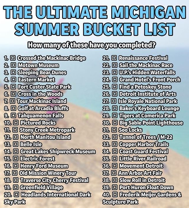 AmyZimmerHomes's tweet image. How many of these Pure Michigan summer activities have you checked off? 
0-10: Beginner
11-20: Intermediate
21-30: Expert
31-40: Master. @detroitfreepress #michigan #summer #funinmichigan #puremichigan #waterwonderland #greatlakesstate #activities #thing… ift.tt/2Ko10gM