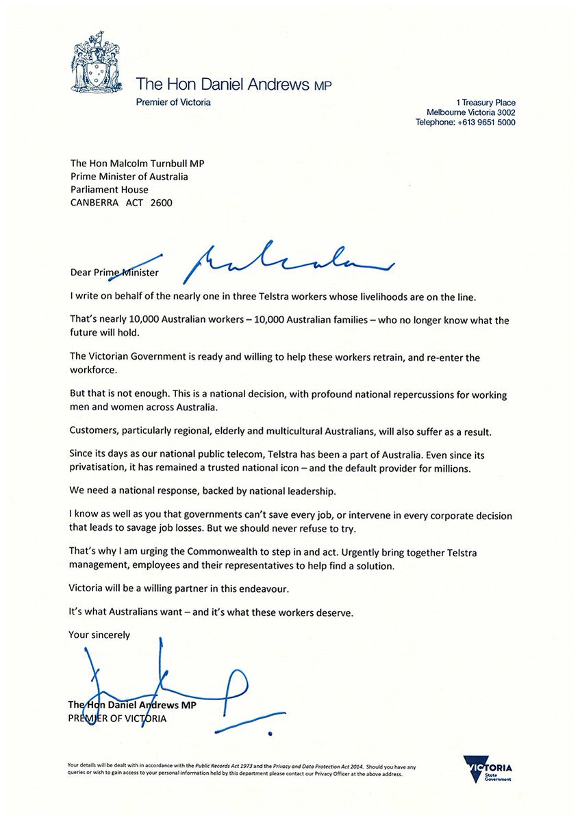 Dan Andrews on Twitter: "I wrote a letter to the Prime Minister