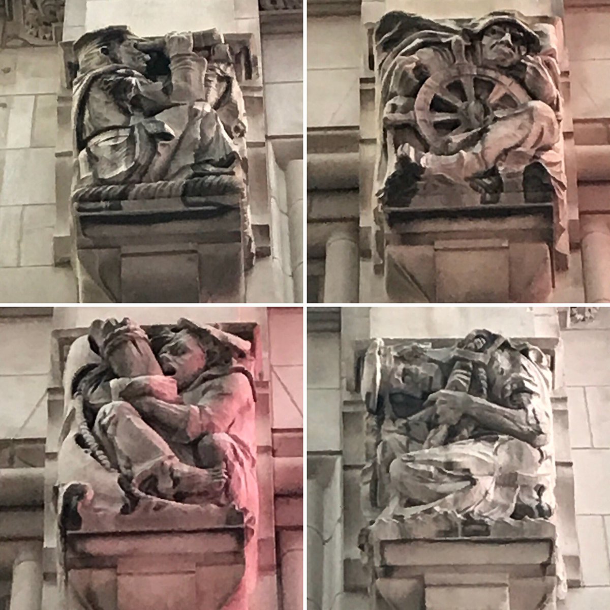 TurnstileTours's tweet image. #ArchitectureTuesday 4 seafaring gargoyles decorate the facade of Bush Tower at 130 W 42nd St, formerly the exhibition hall and offices of the sprawling Bush Terminal in Sunset Park, Brooklyn.
