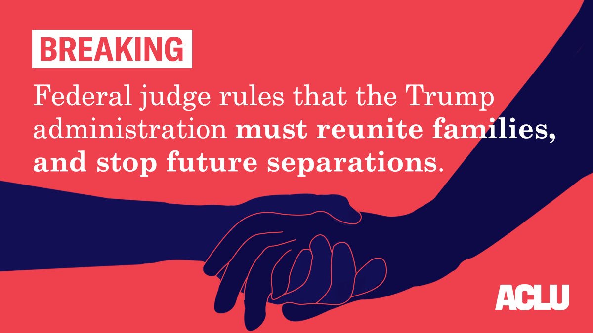 ACLU's tweet image. BREAKING: We just won a big victory in our fight to reunite families! We'll have more information soon. #FamiliesBelongTogether