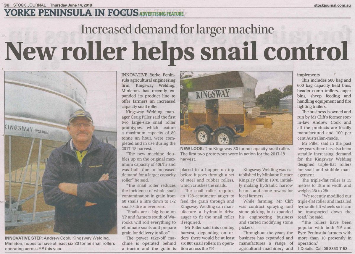 Fantastic development for integrated snail management. A higher throughput snail roller with maximum capacity @ 80 tonnes per hour. Nice work Kingsway Welding! Snail rolling is great tactic for cleaning snail-contaminated grain before delivery.