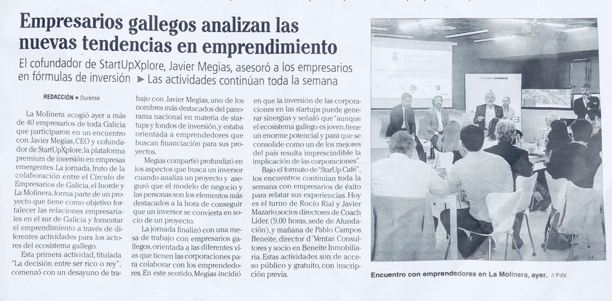 LaMolineraCC's tweet photo. Empresarios gallegos analizan las nuevas tendencias en emprendimiento
El cofundador de @StartUpXplore, @jmegias , asesoró a los empresarios en fórmulas de inversión -Las actividades continúan toda la semana
https://t.co/zIGtmf3owi https://t.co/vP4tT5Isu2