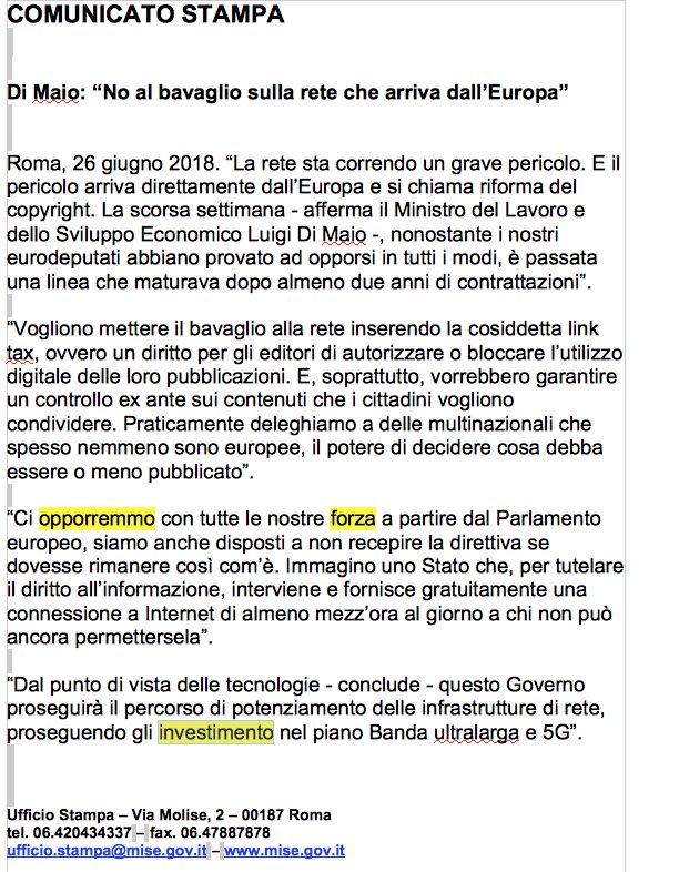 Il comunicato stampa ufficiale del Mise con la dichiarazione di Luigi Di Maio su Internet e il diritto d'autore è in perfetto stile Luigi Di Maio: tre scivoloni grammaticali in poche righe (per non parlare dei contenuti) ilfoglio.it/politica/2018/…