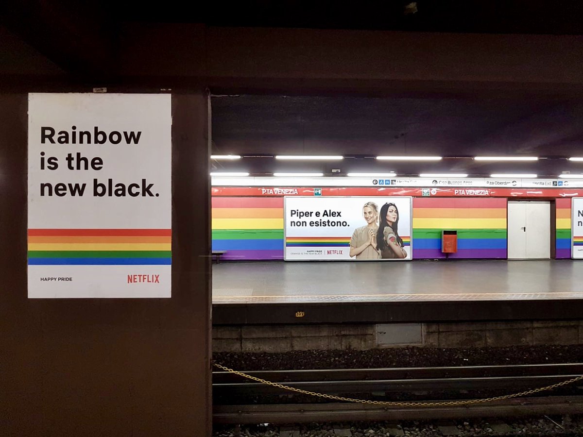 MilanoPride's tweet photo. Rainbow is the new black 🏳️‍🌈 La fermata di #PortaVenezia cambia volto in occasione della #Milano Pride Week grazie a @NetflixIT, sponsor del #MilanoPride. #Pride #LoveIsLove https://t.co/jGxu3SM5Ma