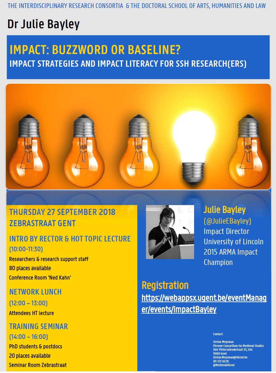 #HotTopicKeynote & #PhDtraining for @ugent staff on #SocietalImpact of #SSHresearch. With Dr. @JulieEBayley ! Ghent (@Zebrastraat ), 27 Sept. 2018. Info & registration: bit.ly/2KcZIpC @ResearchUGent @DS_UGent @alexisdewaele