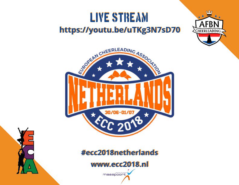 For all the family and friends that won't be able to come to the Netherlands to support their teams, there will be LIVE STREAM! Live stream will start on Saturday at 9:00 am at youtu.be/uTKg3N7sD70 . #ecc2018netherlands #ecacheer #livestream #denbosch #cheer #netherlands