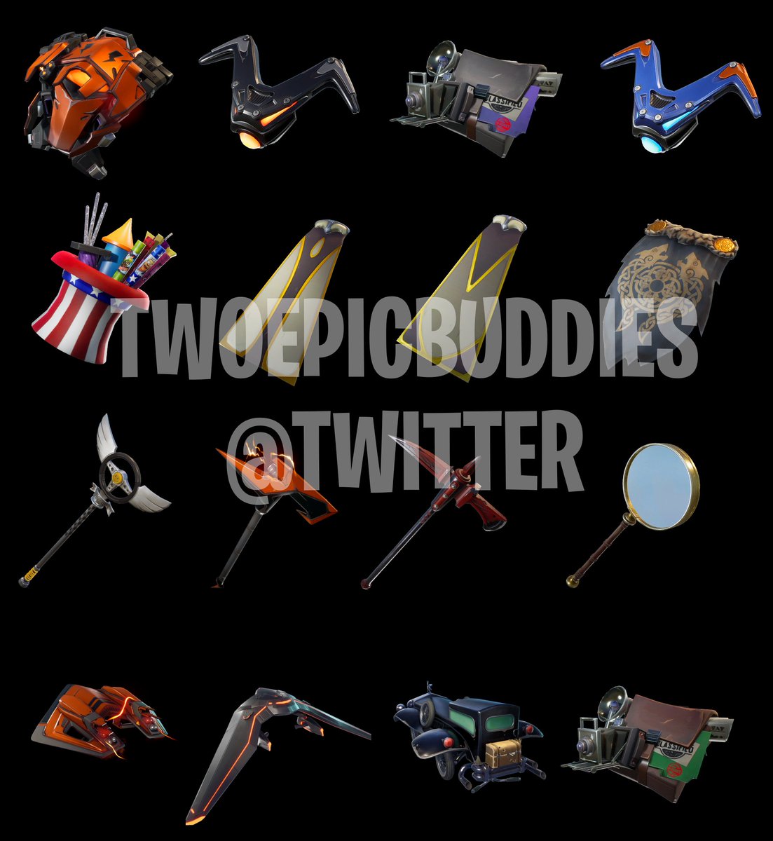 TwoEpicBuddies's tweet photo. New backblings, pickaxes and gliders! https://t.co/6snbFDPNxR