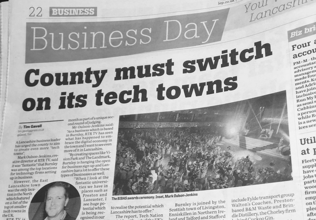 “We need to switch on #Lancashire’s tech towns”, says our #bibas2018 sponsor <a href="/MarkRTRTV/">Mark Oulson-Jenkins</a> - read all about it here: thebibas.co.uk/news/season-20… #Creative