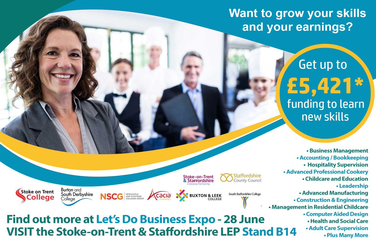 Staffordshire County Council (@staffordshirecc) on Twitter photo If you're at #LDBStaffs2018 28 June, find out how you can currently access level 3 & above courses at local colleges in Management, HR, Accounting, Hospitality, Construction, Manufacturing, CAD & more, worth up to ÂŁ5,421 fully subsidised by visiting the <a href="/StokeStaffsLEP/">Stoke Staffs LEP</a> stand B14 If you're at #LDBStaffs2018 28 June, find out how you can currently access level 3 & above courses at local colleges in Management, HR, Accounting, Hospitality, Construction, Manufacturing, CAD & more, worth up to ÂŁ5,421 fully subsidised by visiting the <a href="/StokeStaffsLEP/">Stoke Staffs LEP</a> stand B14