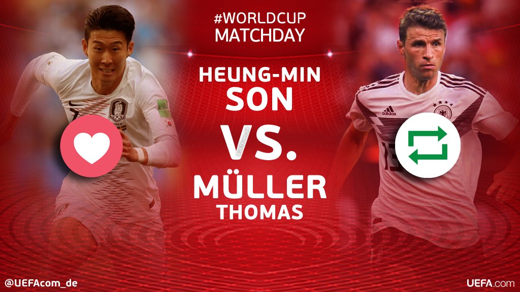 UEFAcom_de's tweet photo. #WorldCup Matchday 🙌🎉⚽️
    
❤ = #Son Heung-min 🇰🇷
🔁 = @esmuellert_ 🇩🇪

#WM2018 #KORGER @theKFA @DFB_Team @SpursOfficial @FCBayern https://t.co/YnrUpKHiPV