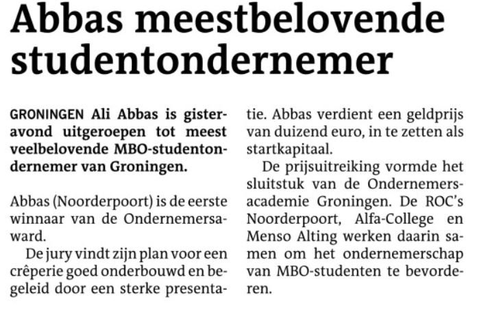 Onze student Ali Abbas van <a href="/NP_BusinessAdmi/">NP_BusinessAdmi</a> is uitgeroepen tot meest veelbelovende studentondernemer van Groningen <a href="/OAGroningen/">Ondernemersacademie</a>. We wensen je veel succes met je crêperie! #trots #ondernemen #ditismbo