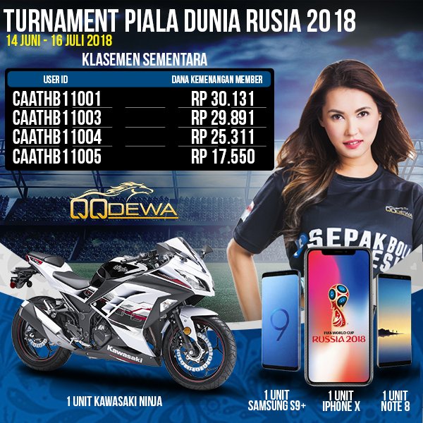QQDEWA's tweet photo. Hasil Sementara Turnamen QQDewa

Ayo kejar terus Turnover kamu dan jadilah pemenang :)
Dapatkan hadiah motor kawasaki, handphone Samsung S9, Iphone X, dan Samsung Note 8
#qqdewa #turnamenpialadunia #pialadunia #russia2018 https://t.co/y9JZjbzIaf