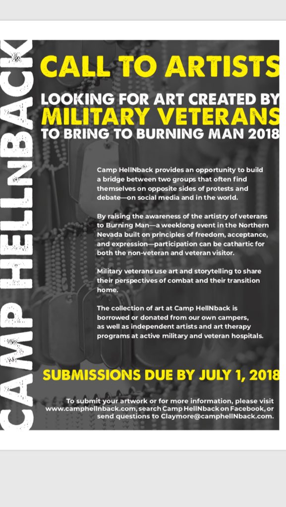RangerClaymore's tweet photo. A few days before the deadline for #veteran #artists We are a little flexible, let’s talk. Efiles and prints of your art or handcrafted works, or 1 page writings are preferred or art that can be exposed to weather at #BURNINGMAN . https://t.co/wV24bFVYPt https://t.co/tojsxJMa1J