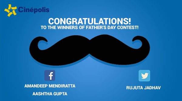 IndiaCinepolis's tweet photo. Here are the winners of our #FathersDay contest. Congratulations!

To claim your reward, please message us your full contact details (Full name, mobile no., email id, address).

Thank you all sharing your selfies and your Father's Day celebration plans with us! #ADayWithDad https://t.co/JlYTQAhb2P