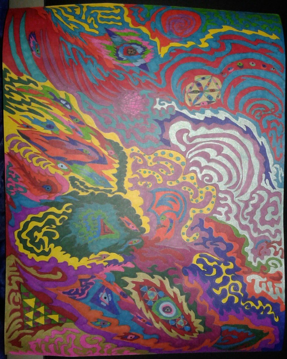 DavidLo59374274's tweet photo. Some undated oc art from 2015ish #psychedelic #psychedelicart #freeformart #traditionalart #lsd #lsdart #dmt #dmtart #metallicsharpies #rainbow #flameeyes #sharpieart #trippy #trippyart #DavidlLovell #contemporaryart #artistsoftwitter #sacredgeometry #patterens https://t.co/k5eUwwEvoS