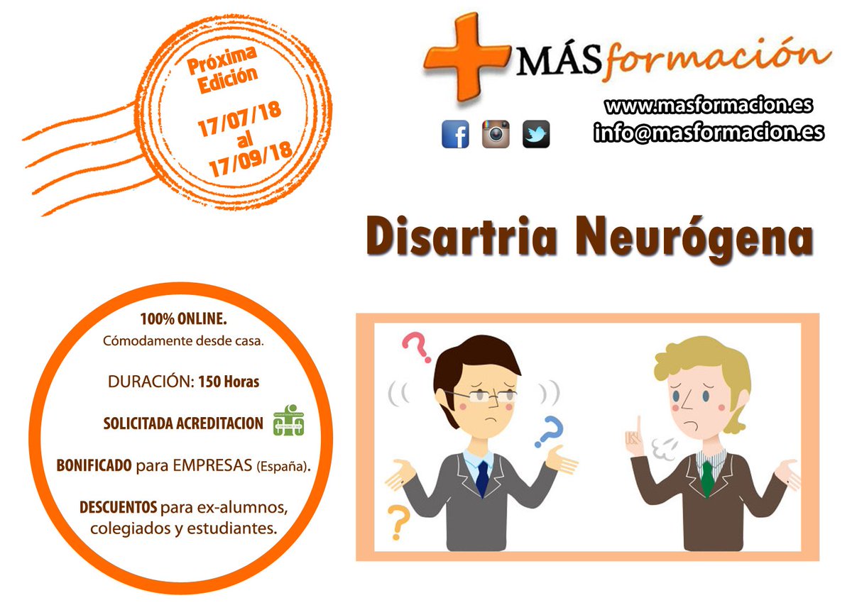MASFORMACION1's tweet image. Cuenta atrás para el inicio de nuestro nuevo curso: #Disartria #Neurógena. 
Más info en este enlace: bit.ly/2LpXajZ

Solicitada  la ACREDITACIÓN. BONIFICADO y con DESCUENTOS.
Reserva plaza y matrícula en: info@masformacion.es

#logopedia #logopeda #fonoaudiologo