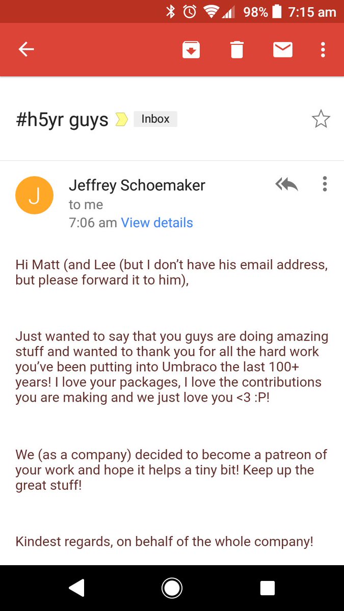 weareumco's tweet photo. It's emails like this that make all the hours of work we put in to #umbraco worth it. Thank you @jschoemaker1984 and the https://t.co/XMlO5N5Hxg team for your valued support. You folk rock! 🤘🎉 https://t.co/S4O51EQ5fu