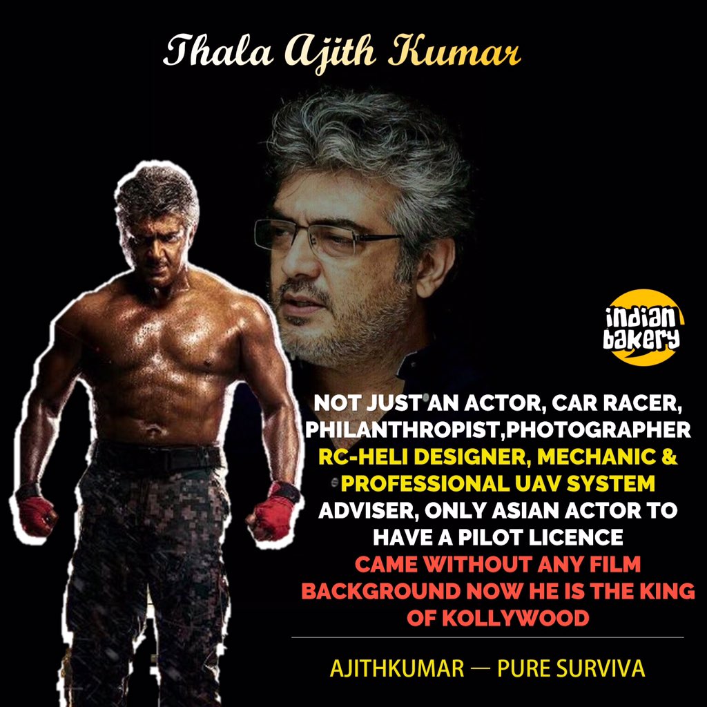 IBakeryOfficial's tweet photo. Ajith Kumar - Pure Surviva !! 
#IBInspiration #Thala #AjithKumar https://t.co/1wGrx0JDrb