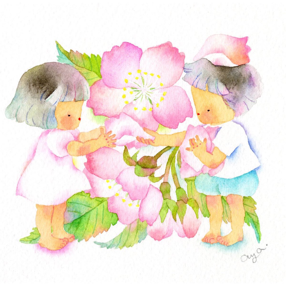 こばやしあや 小さい四季の花シリーズ テーマは ありがとう 4月のさくら 絵 水彩画 水彩 イラスト Drawing Illustration Watercolor Art さくら Cherryblossom お花 Flower てんとう虫 四季 ありがとう Thankyou T Co