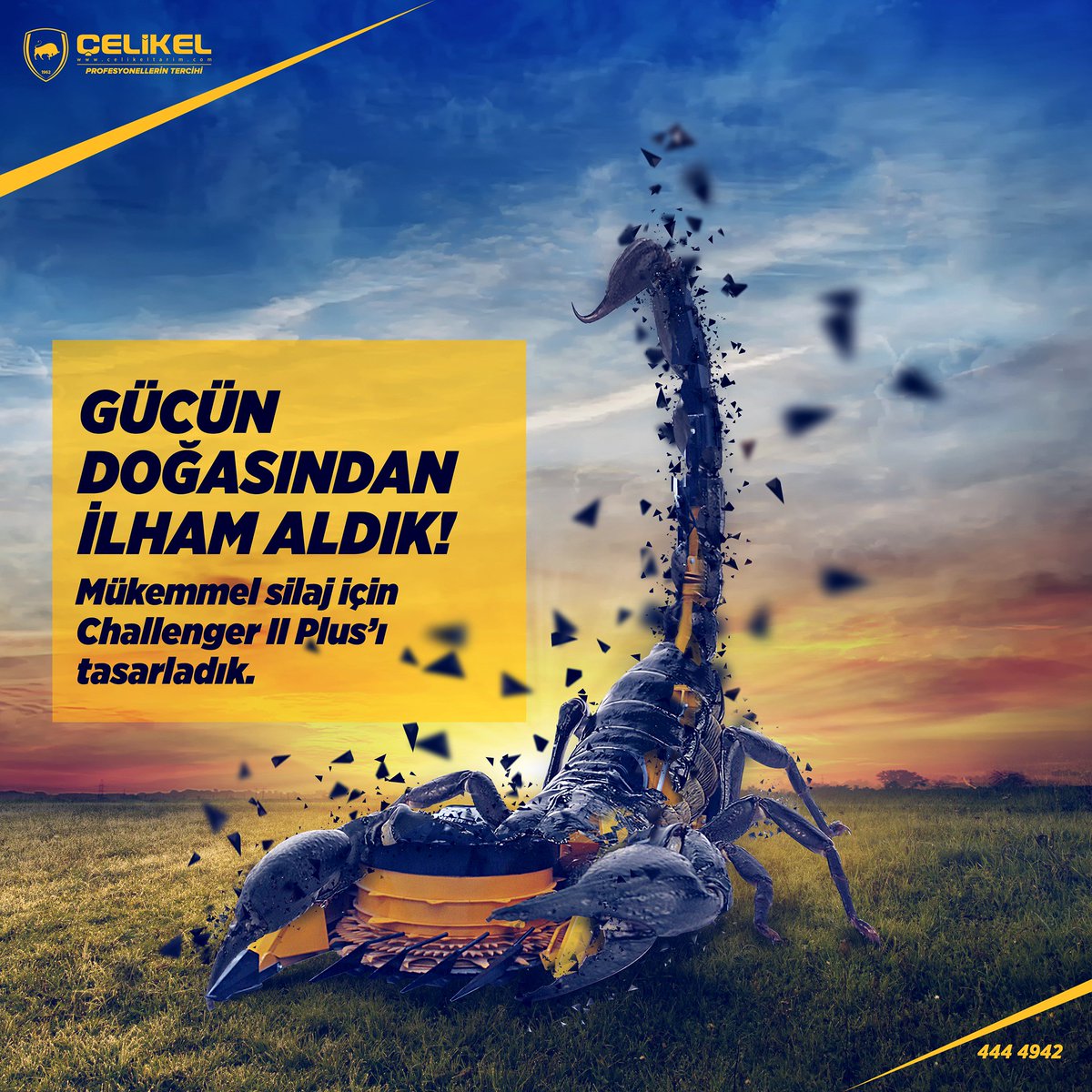 celikelco's tweet photo. Challenger II Plus’ın dayanıklı gövde yapısını, doğanın en güçlü zırhına sahip olan akrepten ilham alarak sizler için tasarlandık.
#celikel #türkiye #konya #turkey #tarim #agriculture #tarımmakineleri  #kalite #dogrutercih  #challengerplus #farme #güç #power #akrep #dayanıklılık https://t.co/BH6DviQbuc