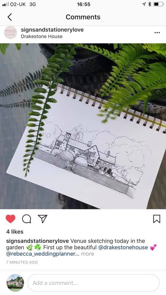 A beautiful sketch of Drakestone House by the very talented Tamsin from signs and Stationery. We look forward to seeing her at our inspiration day on Sunday 29th of July 11-3pm
Please join us! #Drakestonehouse #signsandstationary #inspirationday #newlyengaged #cotswoldwedding
