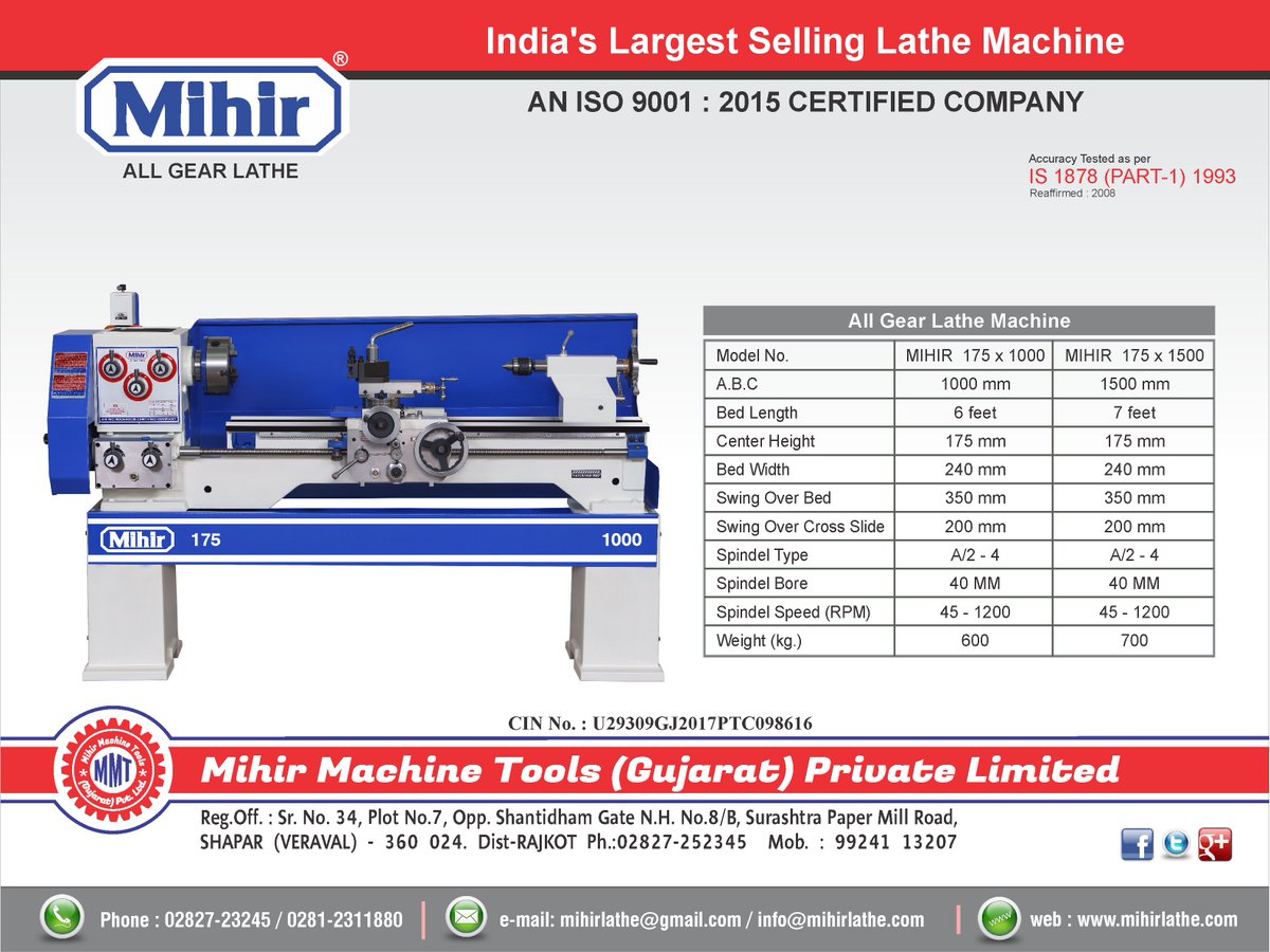 Mihir_Lathe_'s tweet photo. India's Largest Selling Lathe Machine @mihirlathe
AN ISO 9001 : 2015 CERTIFIED COMPANY
All Gear Lathe 175X1000
https://t.co/zvys9Ji7Eu
#Lathe #Machine #MihirLatheMachine #LatheMachineManufacturerInRajkot #LatheMachineManufacturerInIndia #LatheMachineSupplyer #LatheMachinePrice https://t.co/I3vrcRFkPN