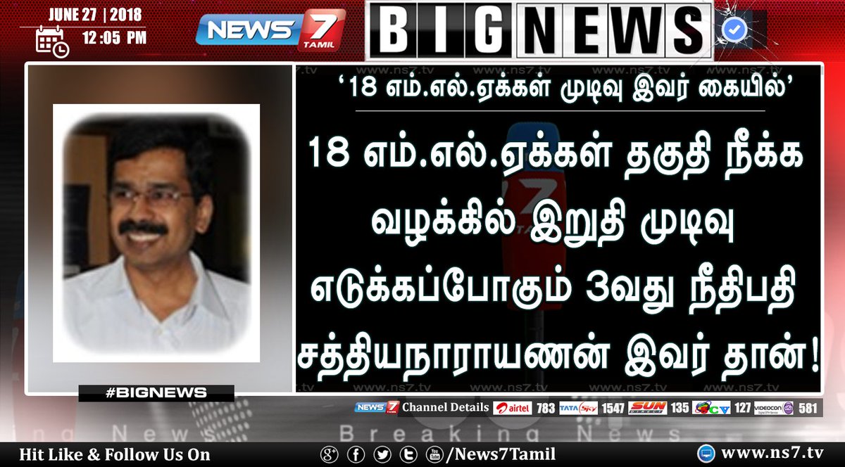 news7tamil's tweet photo. #BIGNEWS
18 எம்.எல்.ஏக்கள் தகுதி நீக்க வழக்கில் இறுதி முடிவு எடுக்கப்போகும் நீதிபதி சத்தியநாராயணன்!
https://t.co/5wMBD3FLqB | #Sathyanarayanan | #MLADisqualifyingCase | #3rdJudge https://t.co/BhvdipGqd5