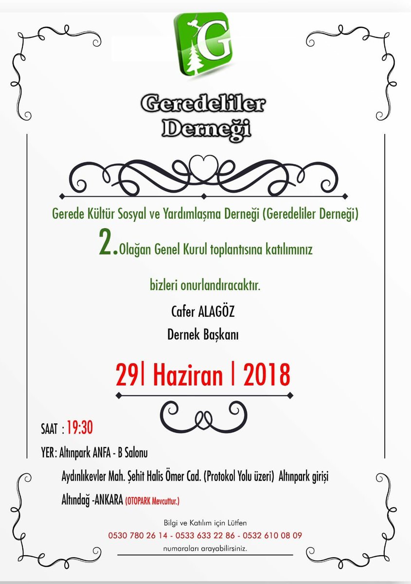 geredeliler's tweet photo. Hemşerilerimizle bir araya gelmek adına sizleri 29 Haziran 2018 Cuma günü saat 19:30 da ALTINPARK Anfa B salonunda yapacağımız 2. Genel Kurulumuza davet ediyoruz. @AlagozCafer @fehmikupcu14 @mehmetyilmaz073 @OrhanOzdemir14 @ycoskunyurek14 @ERCANNazif @MustafaAllar @doganaymurat https://t.co/ILWji2NkJb