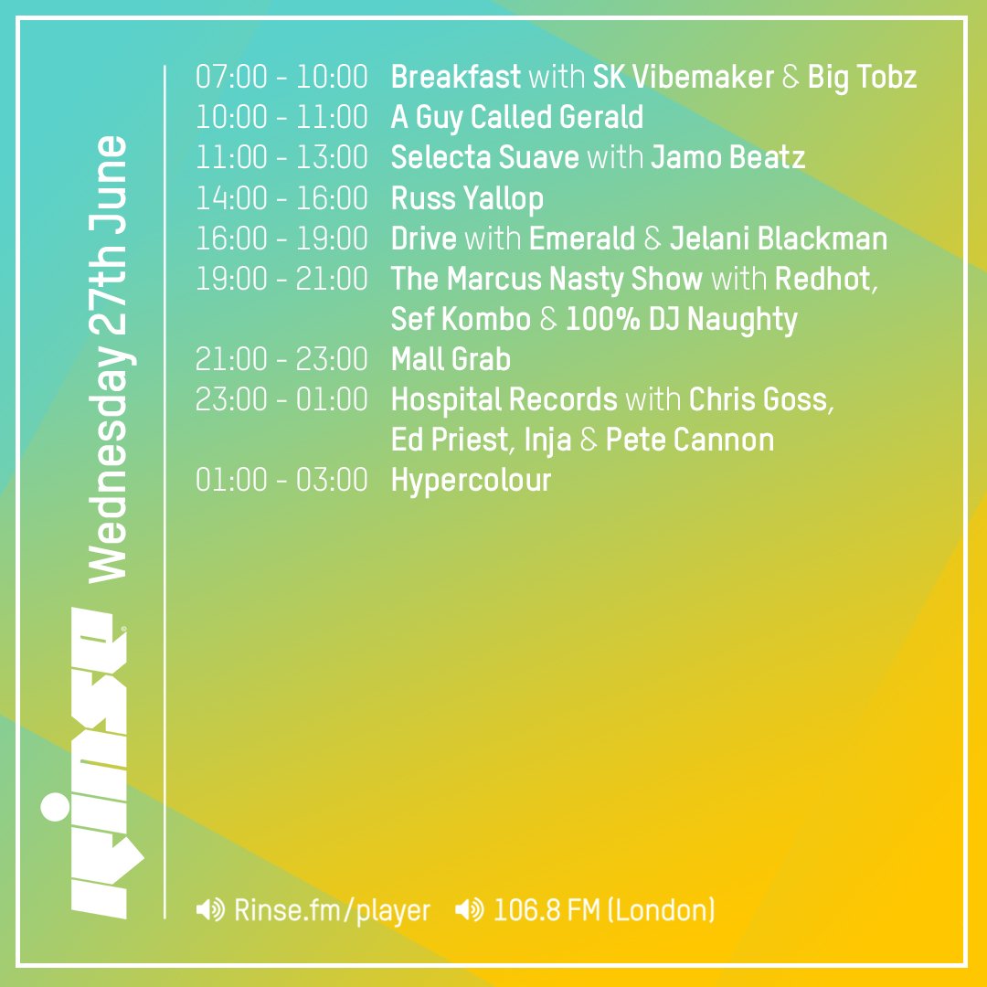 RinseFM's tweet photo. Here's what today looks like on Rinse
@guycalledgerald @selectasuave @jamo_beatz @RussYallop @EmeraldRose @Jelani_Blackman @MarcusNasty @DjRedhot @SefKombo @djnaughtymusic #MallGrab @HospitalRecords #ChrisGoss #EdPriest & more
on https://t.co/Q0ed1kLtwe & 106.8FM #RinseFM https://t.co/T2zmsmP8XP