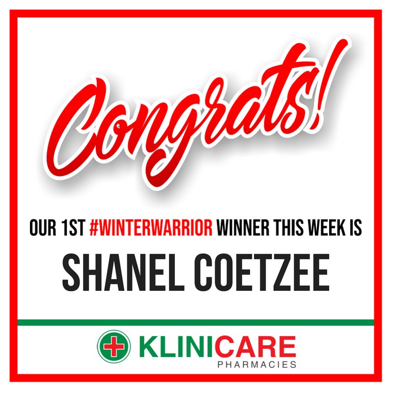 klinicare_phy's tweet photo. CONGRATULATIONS to our 1st #WinterWarrior winner, Shanel Coetzee, a Klinicare Belmore client! Remember to ENTER today to stand a chance to WIN R10 000 every week! 12 more chances left! #CaringForYou https://t.co/dahVdHOI2T