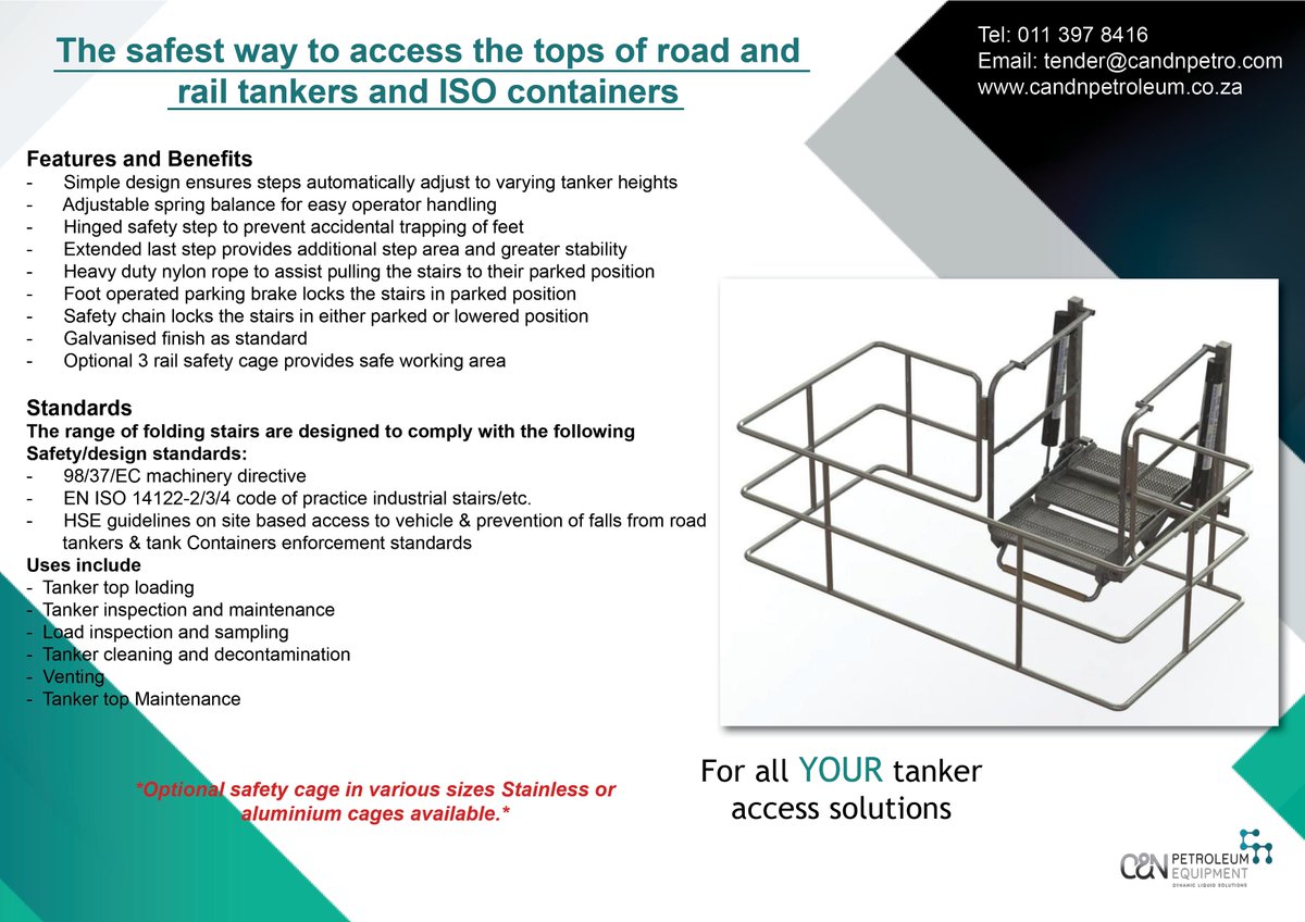 C&amp;N is there for you till the last step!
A folding stair is the last step before concluding a loading arm project and C&amp;N manufactures many types of them: with or without safety cage and with 3, 4 or 5 steps.☑️