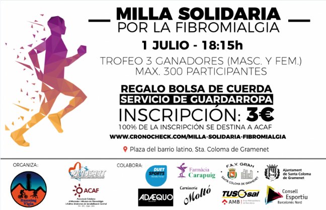 ACAFssc's tweet photo. Anima't, encara hi ets a temps! Diumenge 1/07 18h, Plaça del #BarriLlatí de #SantaColoma, els amics de @runningvigia organitzen la #MillaSolidàriaFibromiàlgia!
Inscripció-donatiu 3€: https://t.co/HsZXkp25CI
#solidaritat #sensibilització #VISIBILITAT #santako #Gramenet #IMHeart https://t.co/iWkxQpOw7U