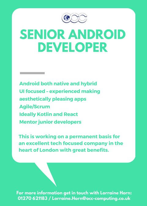OCCITJOBS's tweet photo. Are you a Senior #AndroidDeveloper looking for a new exciting opportunity? We have a vacancy with a #techfocused company in the heart of #London. 
Get in touch for more details... https://t.co/fJTbkJgg2s