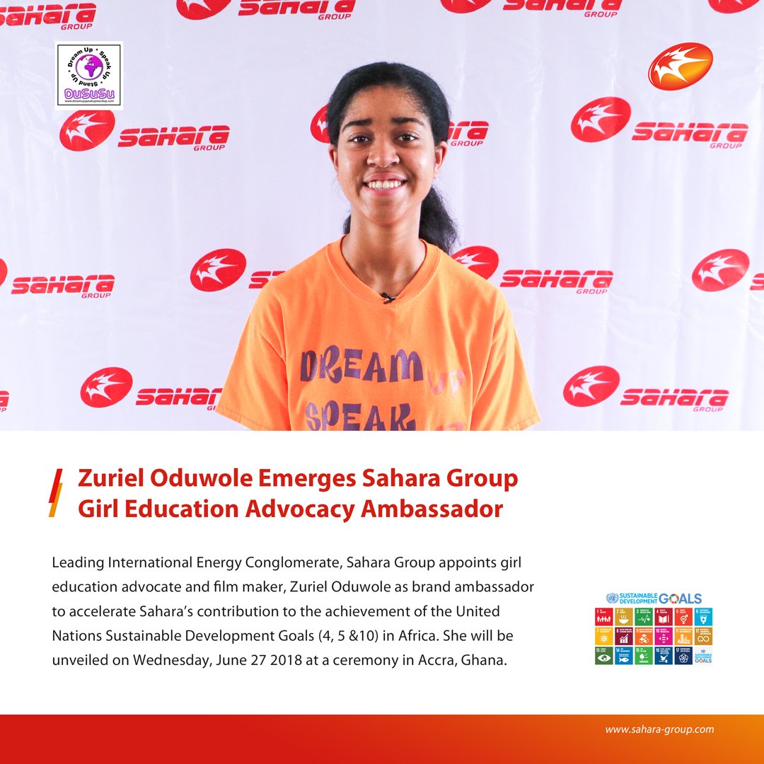 iamsaharagroup's tweet photo. We're pleased to announce our partnership with film maker and girl education advocate @ZurielOduwole. This will accelerate Sahara’s contribution to the achievement of the @SDGoals (4, 5 &amp;10) in Africa. She will be unveiled on Wednesday, June 27 at a ceremony in Accra, Ghana. https://t.co/qT04IBT4uL