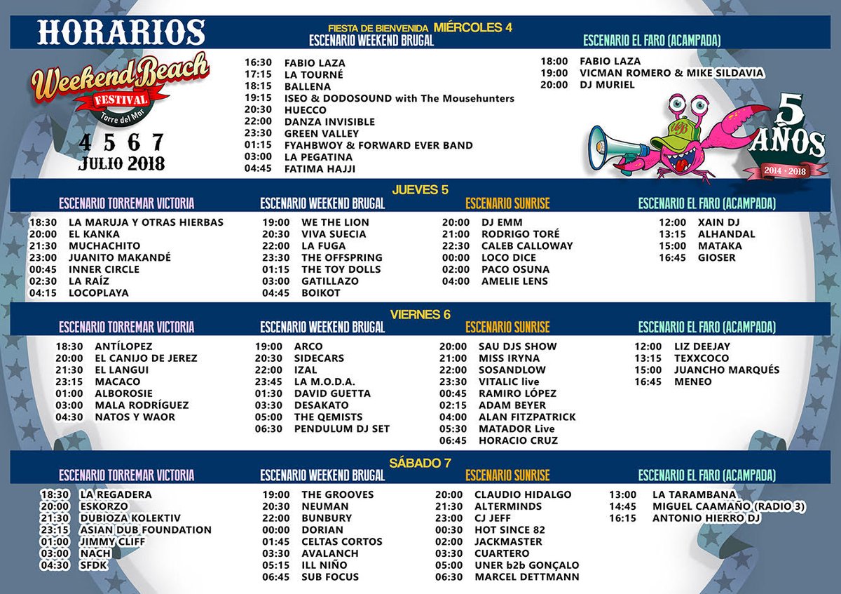 ¡WEEKERS! ¡Ya tenemos los HORARIOS para nuestro 5º ANIVERSARIO! 

Últimas entradas a precio actual! weekendbeach.es y oficinas de Correos | Entradas a tu alcance |Ticketea | Ticketmaster | El Corte Inglés | Entradas Go.

#GoTorredelMar #SoyWeeker