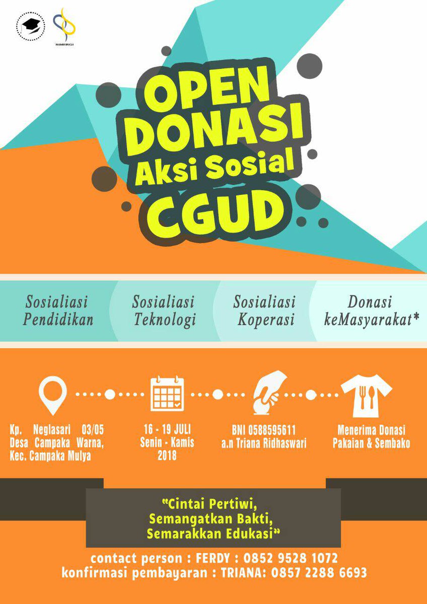 CGUD_2018's tweet photo. [CGUD Pengabdian]

Dalam membantu program kami mari salurkan Donasi anda melalui : 
💳 BNI 0588595611. A.N triana Ridhaswari
*Harap konfirmasi Donasi anda melalui CP TRIANA: 085722886693

👕🍚 : COD sembako/pakaian
📲 FERDY : 085295281072

#CGUD2018
#CGUDngabdi
#PengabdiRakyat https://t.co/ioLPUKvpyT