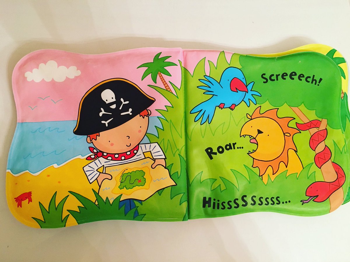 Tamarmagan's tweet photo. (3/3) This #bathtime #bathbook is perfect. It has sound effects, lots of physical movements, wild animals and no dialogue.Great to inspire an interactive yogi-pirate adventure. 
#TheJollyPirate #StellaBaggott #FionaWatt #Usborne #childrensbook #picturebook #bookreview #waterproof https://t.co/DAajAJ687a