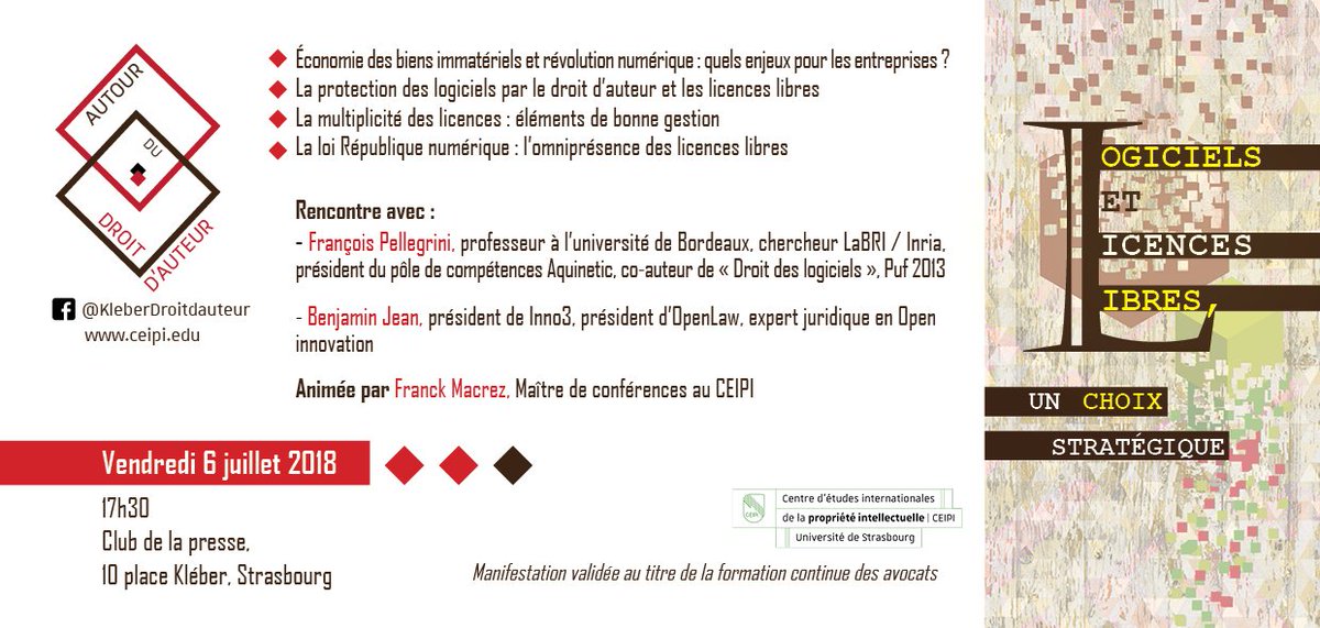 Conférence-débat « Logiciels et licences libres », 06 juillet 2018, club de la presse, Strasbourg

ceipi.edu/actualites/act…